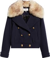 Chloé Crop Double Breasted Coat with Genuine Shearling Collar