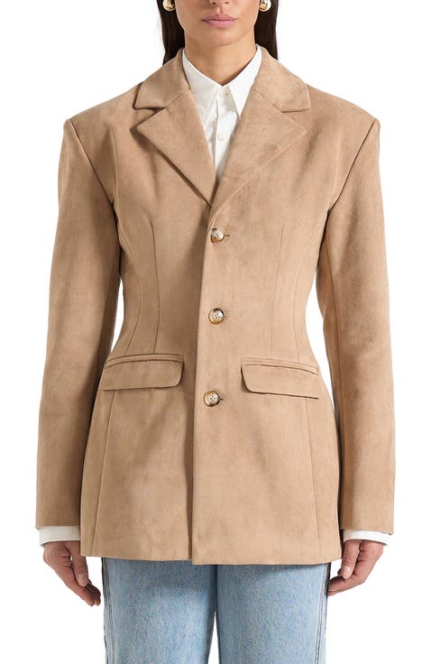 Claire Suede Wide Shoulder Cinch Waist Blazer