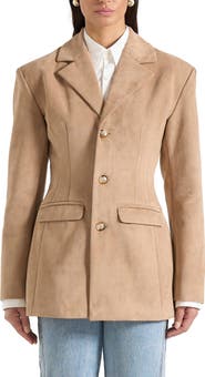Manière De Voir Claire Suede Wide Shoulder Cinch Waist Blazer