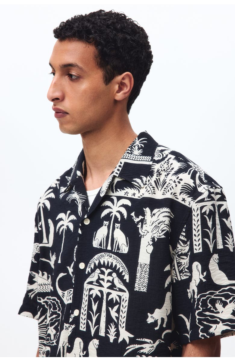 H&M Relaxed Fit Printed Resort Shirt, Alternate, color, Black