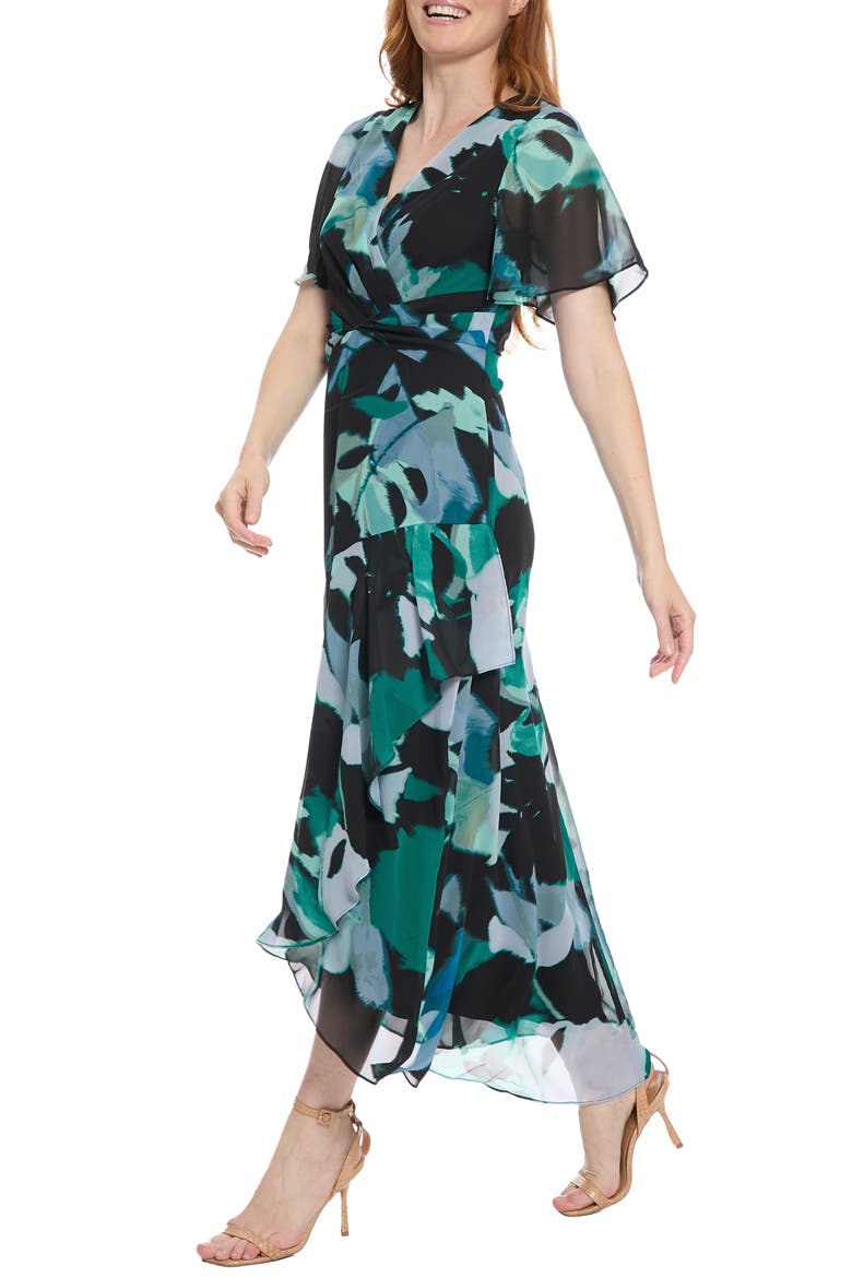 Flutter Sleeve Maxi Dress, Alternate, color, BLACK/ BLUE HEAVEN
