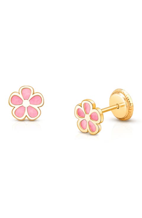 14k Gold Genuine Bloom Mother Of Pearl Flower Stud Screw Back Earrings