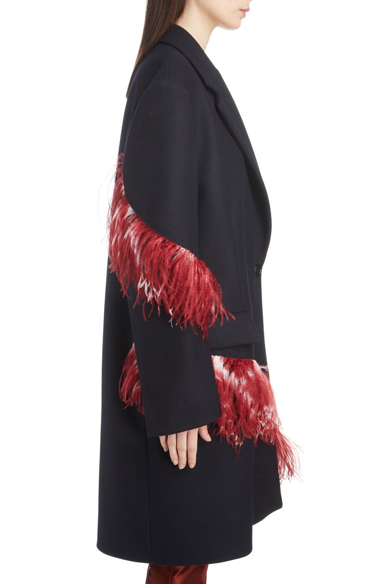 Ostrich Feather Trim Wool Blend Reefer Coat, Alternate, color, NAVY