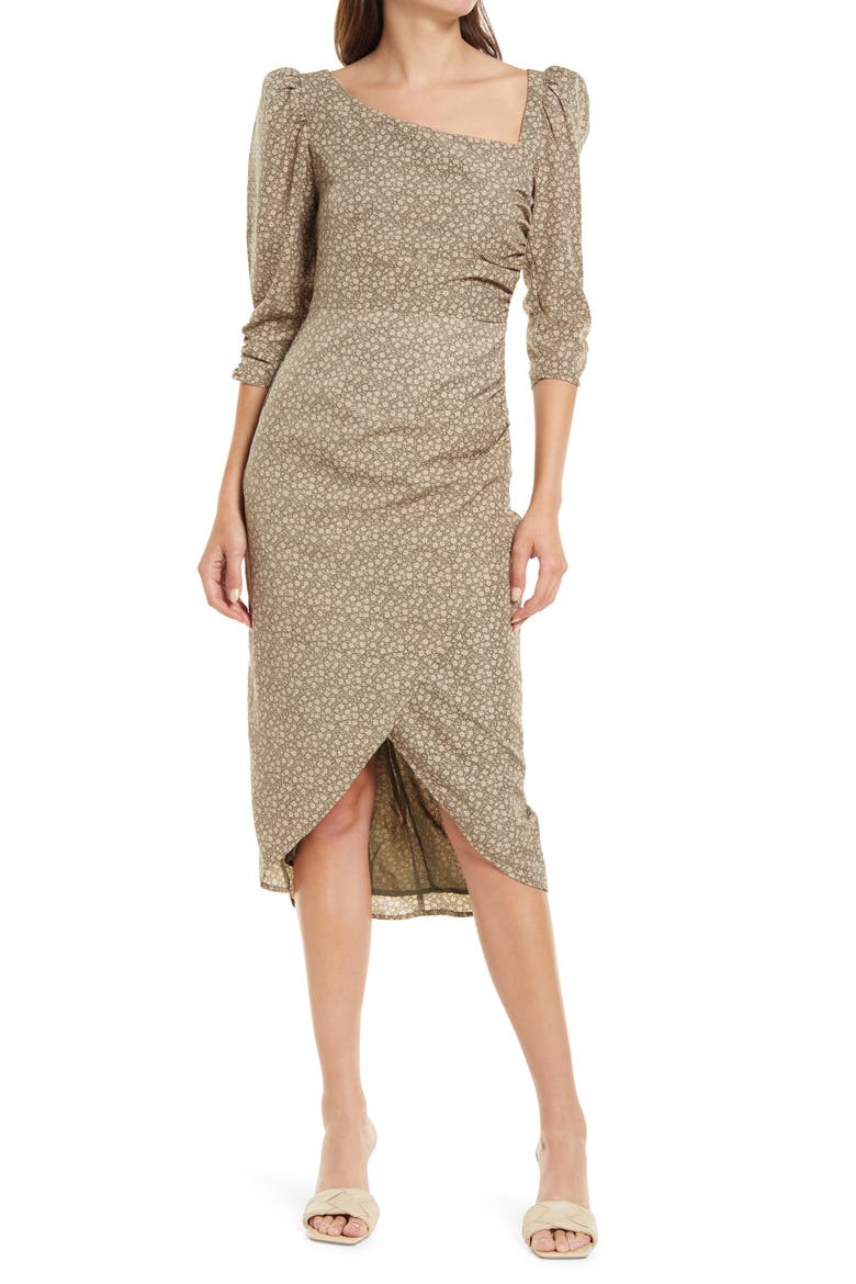 Asymmetric Neck Puff Shoulder Dress, Main, color, SAGE FLORAL