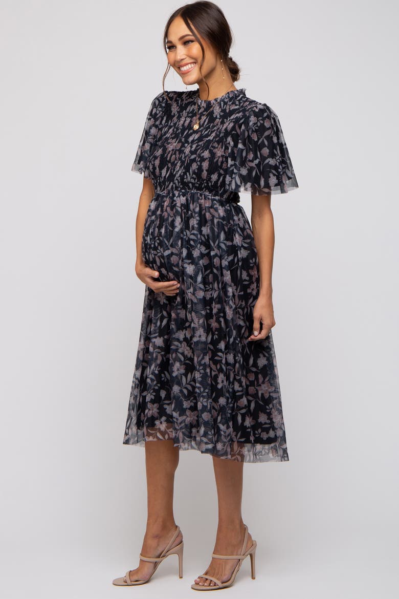 Floral Smocked Mesh Knit Midi Dress, Alternate, color, Black