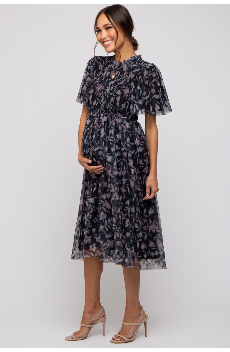 PinkBlush Floral Smocked Mesh Knit Midi Dress, Alternate, color, Black