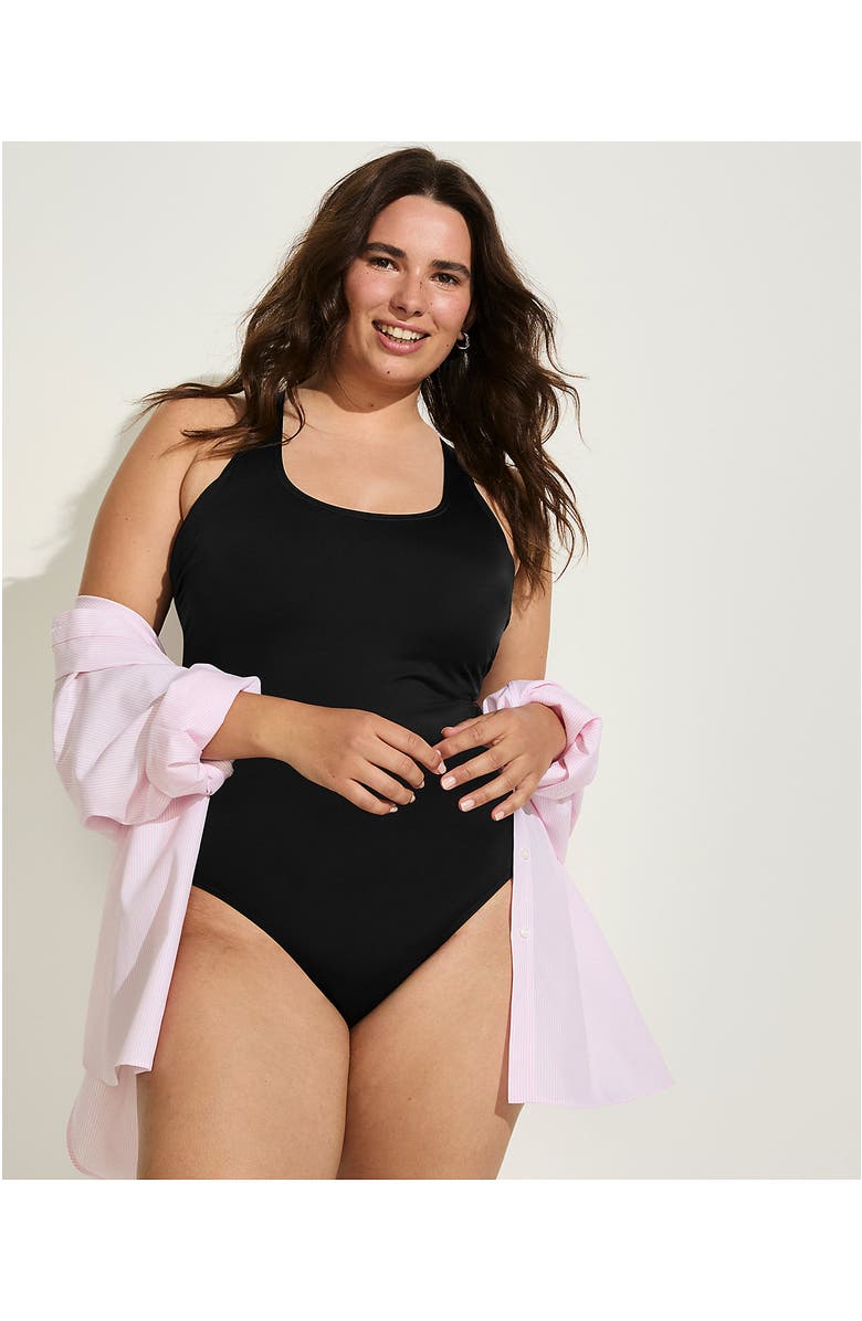 Lands' End Plus Size Tugless X-Back One Piece Swimsuit, Alternate, color, Black