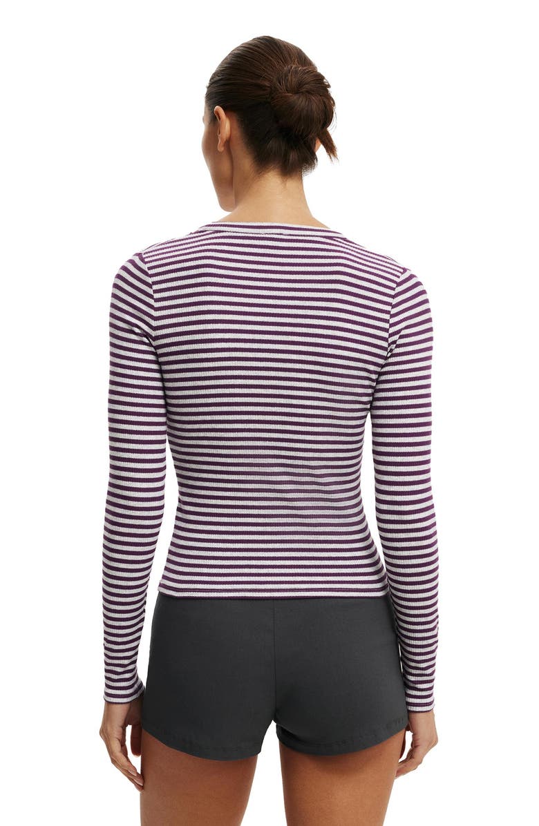 Cotton On Women's Ryan Henley Long Sleeve, Alternate, color, Madi Stripe Grey Marle Plum