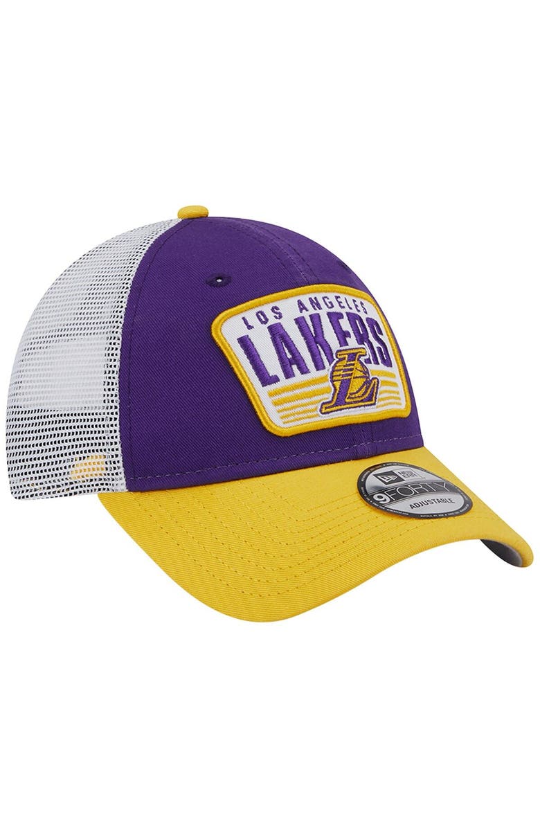 New Era Men's New Era Purple/Gold Los Angeles Lakers Two-Tone Patch 9FORTY Trucker Snapback Hat, Alternate, color, 