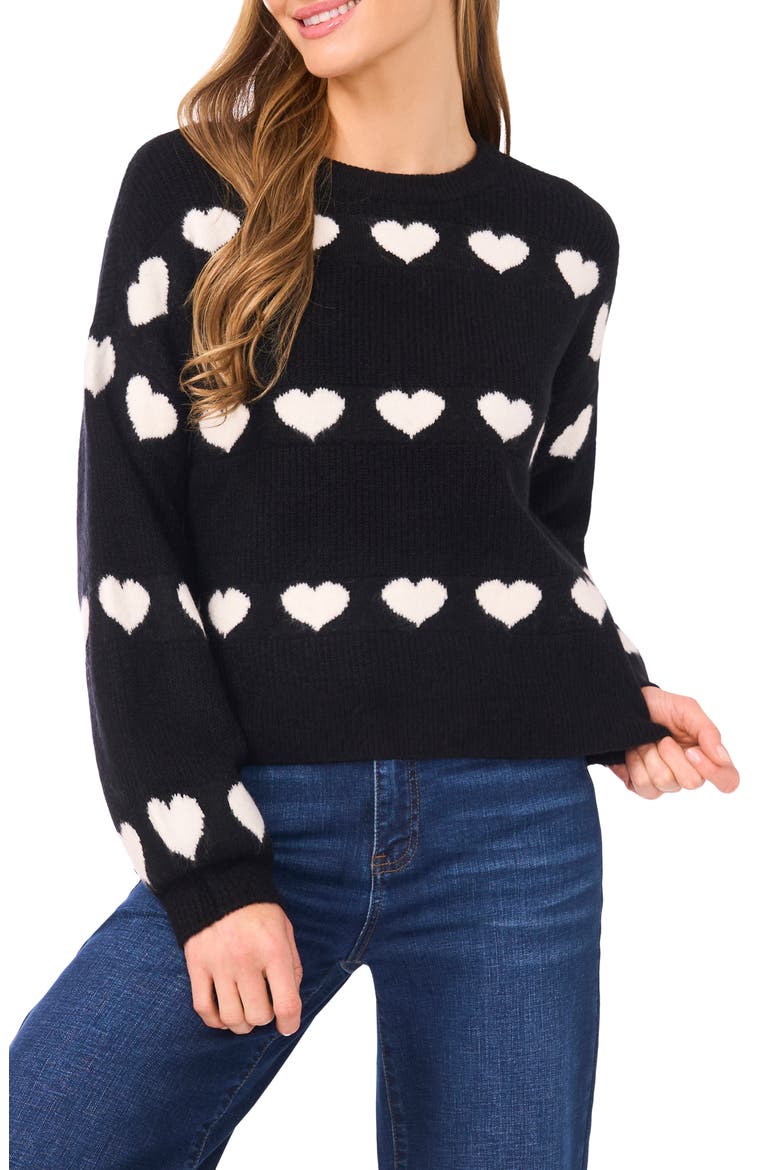 Heart Jacquard Crewneck Sweater, Main, color, RICH BLACK