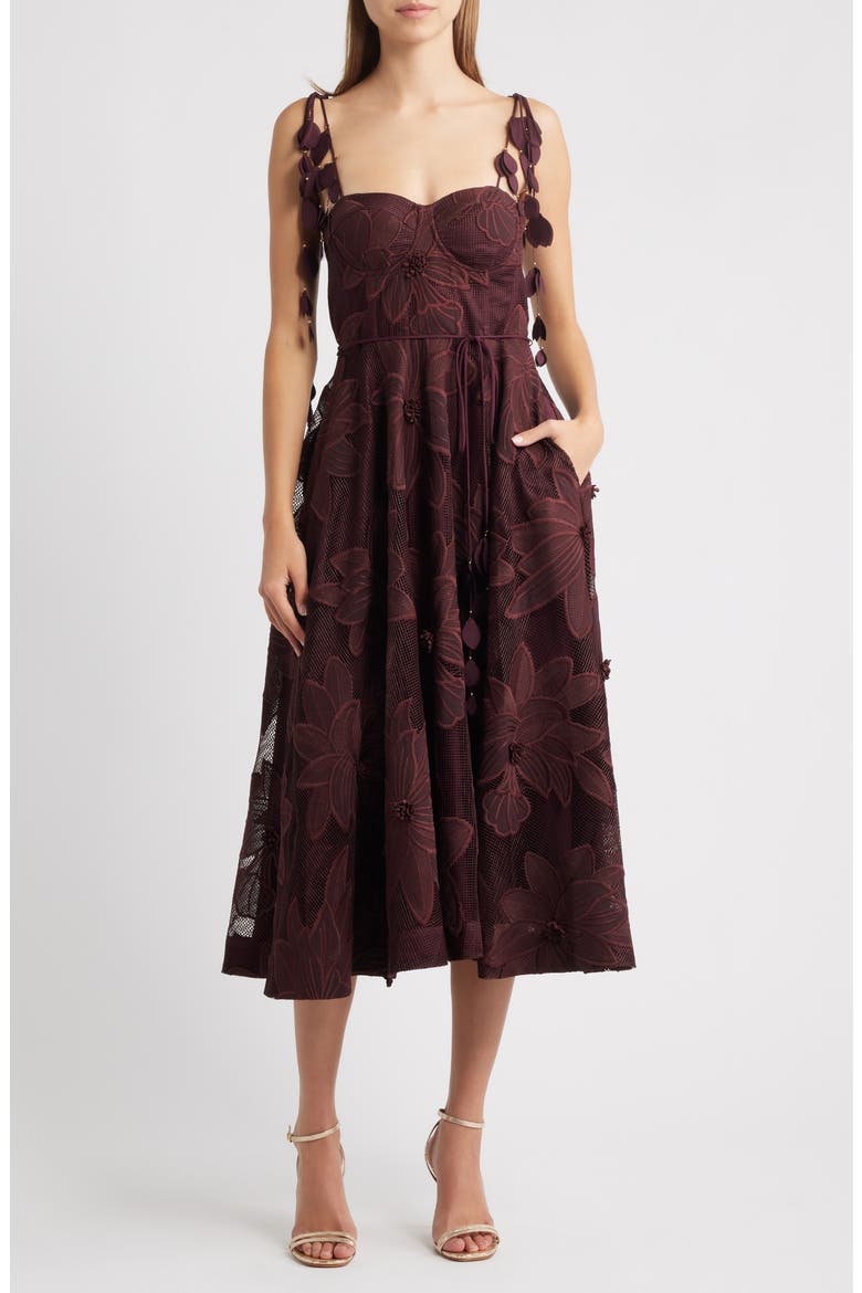 Emilia Bustier Lace Midi Cocktail Dress, Main, color, CHOCOLATE