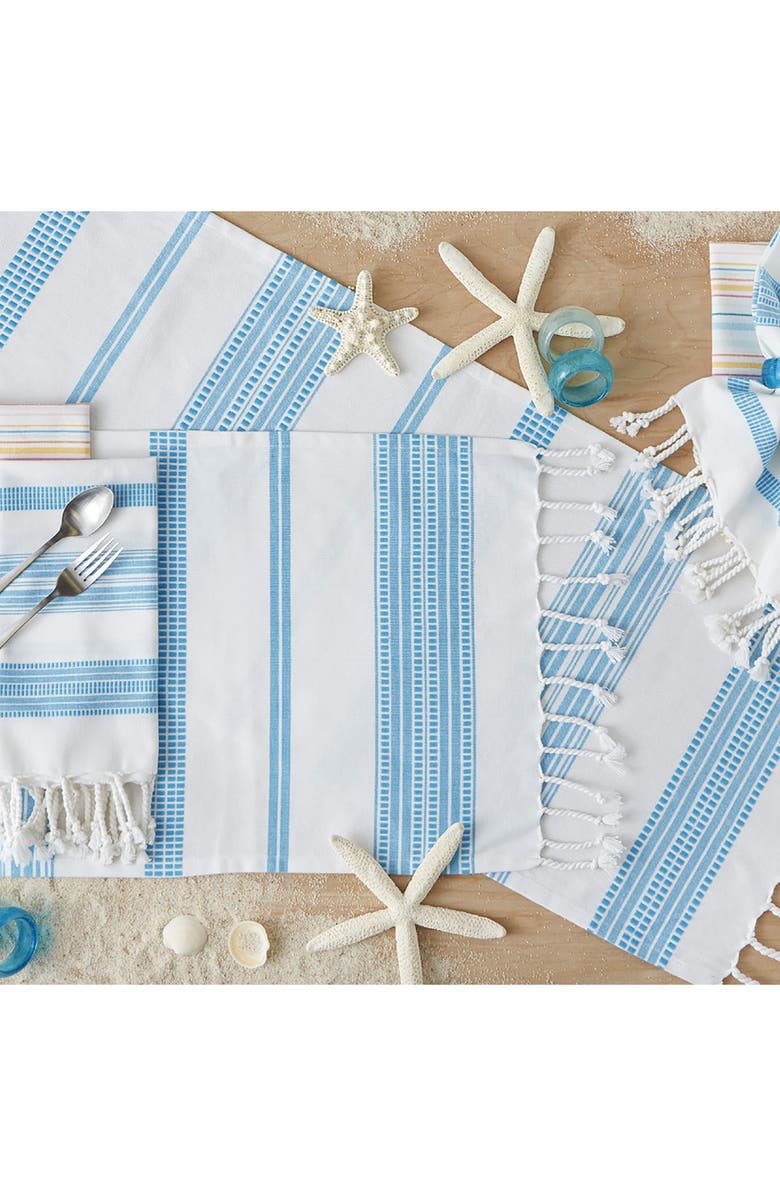 Design Imports Surfrider Stripe Fringe Cotton Table Runner, Alternate, color, Blue
