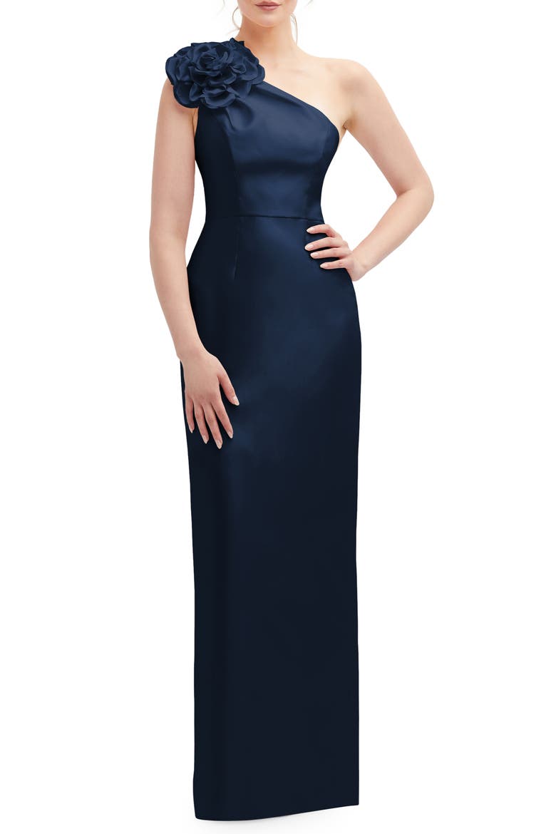 Flower One-Shoulder Column Gown, Main, color, MIDNIGHT