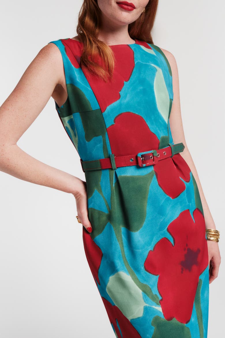 Audrey Belted Midi Dress, Alternate, color, Blue/Red/Multi
