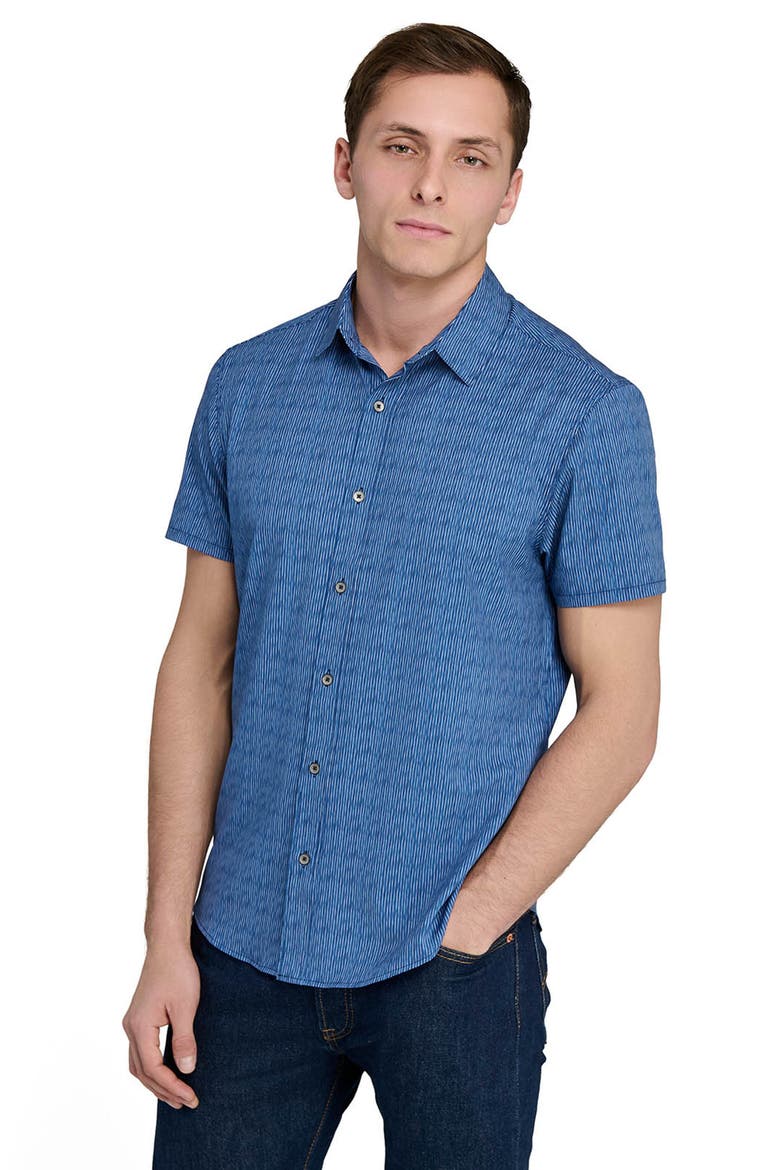 Basic Slim Fit Abstract Stripe Short Sleeve Performance Button-Up Shirt, Alternate, color, NAVY