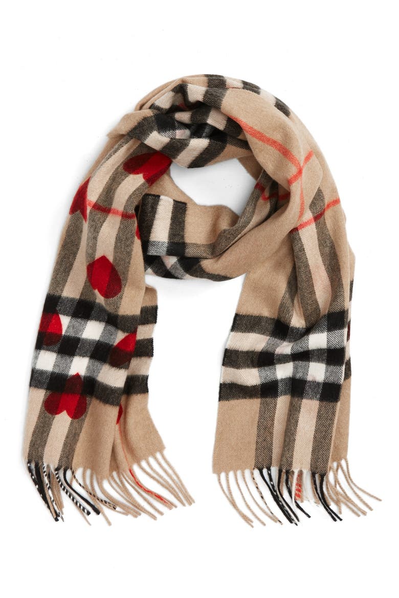 Heart & Giant Check Fringed Cashmere Scarf, Main, color, PARADE RED