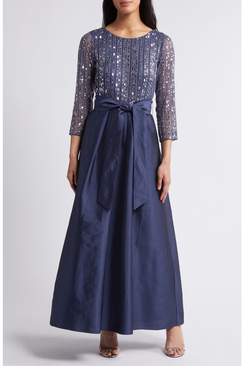 Bow Long Sleeve Sequin & Taffeta Gown, Main, color, DENIM