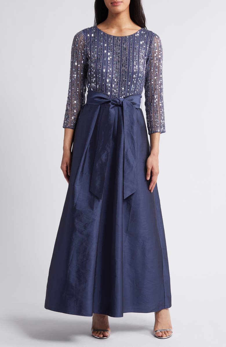 Pisarro Nights Bow Long Sleeve Sequin & Taffeta Gown, Main, color, Denim