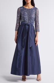 Pisarro Nights Bow Long Sleeve Sequin & Taffeta Gown