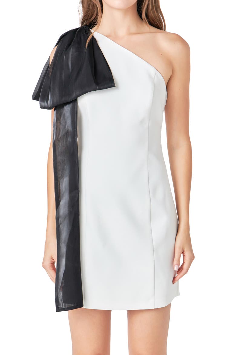 Bow Detail One-Shoulder Minidress, Alternate, color, IVORY