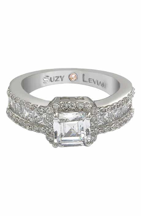 SUZY LEVIAN Sterling Silver Asscher Cut White Cubic Zirconia Bridal Ring