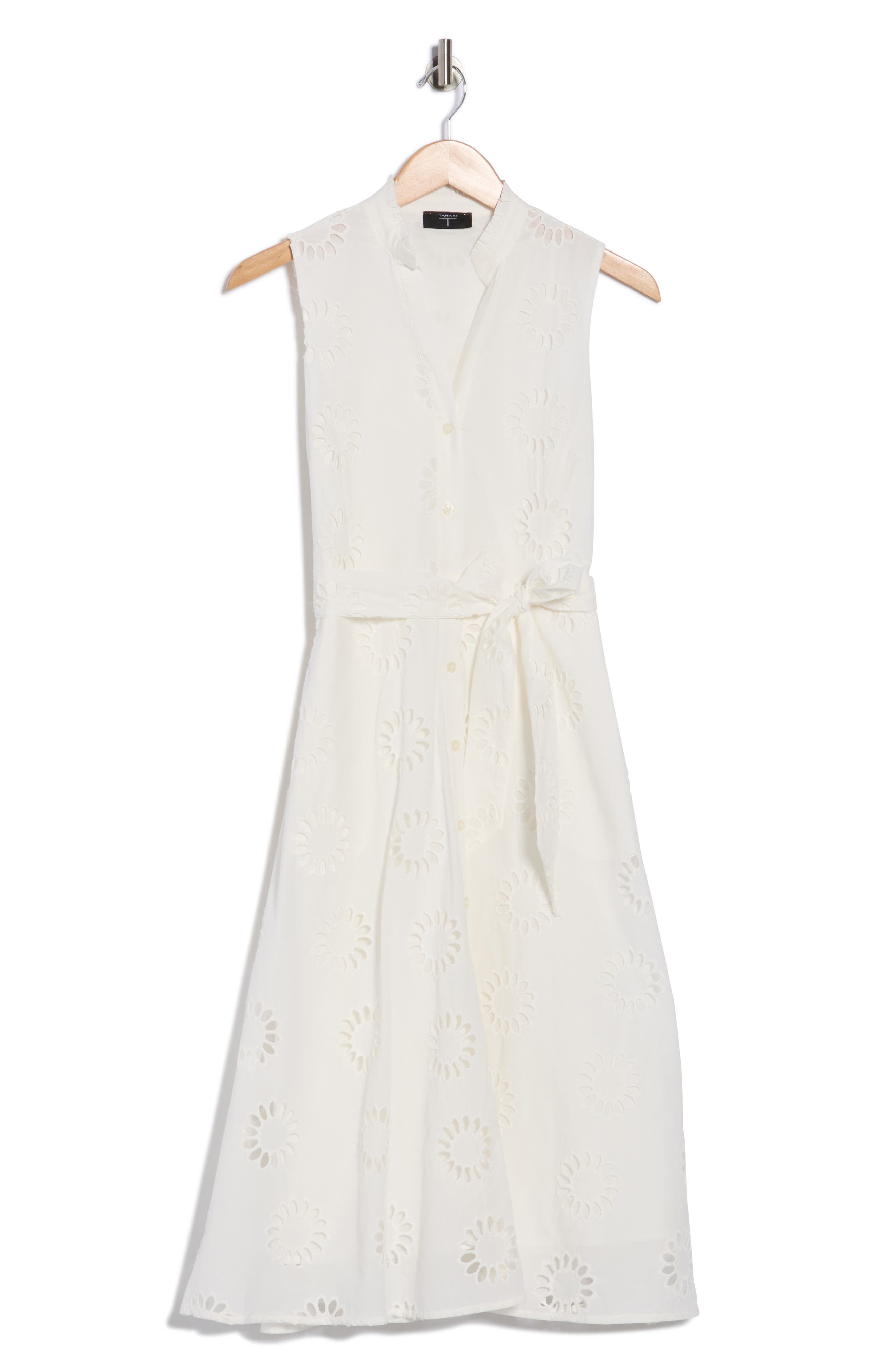 T Tahari Embroidered Eyelet Sleeveless Cotton Midi Dress