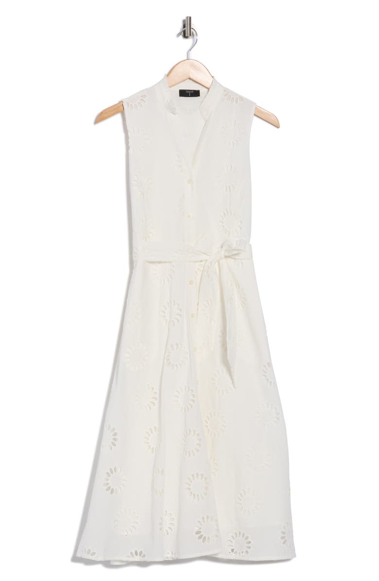 T Tahari Embroidered Eyelet Sleeveless Cotton Midi Dress, Main, color, White Star