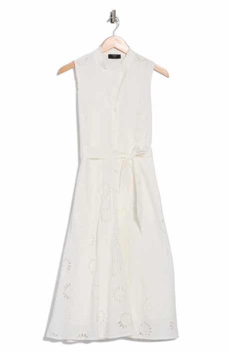 T Tahari Embroidered Eyelet Sleeveless Cotton Midi Dress