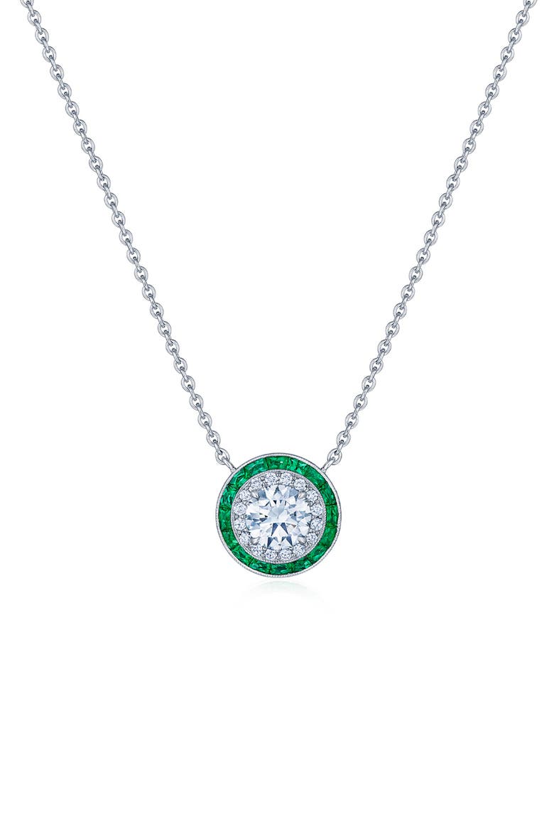 Diamond & Emerald Halo Pendant Necklace, Main, color, WHITE GOLD