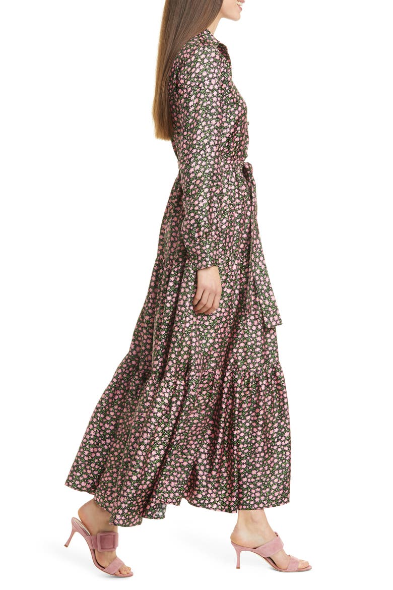 LaDouble J Bellini Floral Print Silk Twill Long Sleeve Maxi Shirtdress, Alternate, color, DAISY