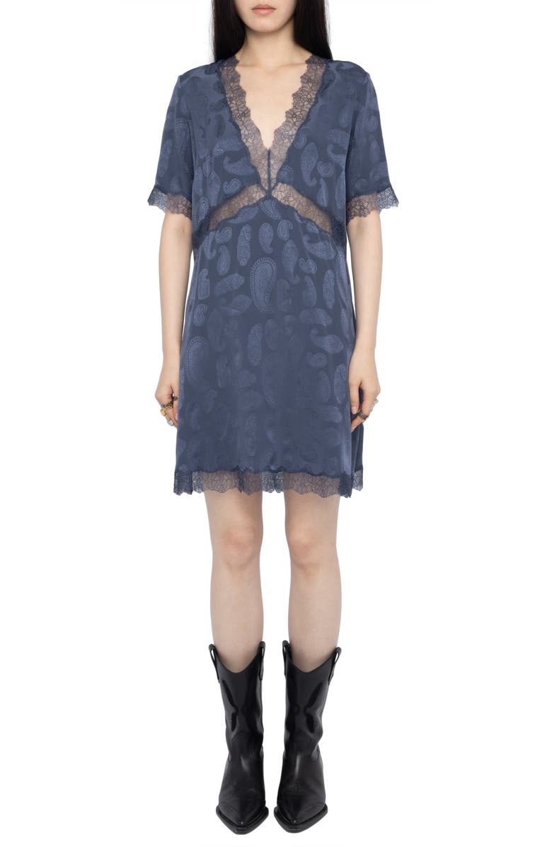 Zadig & Voltaire Redoxa Paisley Jacquard Silk Satin Minidress, Main, color, Storm