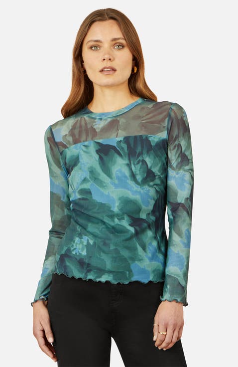 Long Sleeve Floral Mesh Top