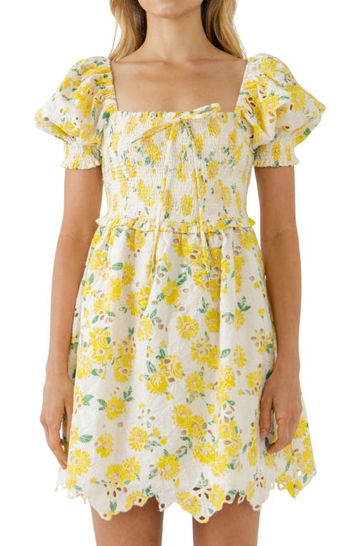 Free The Roses Embroidered Floral Smocked Minidress In Yellow Multi