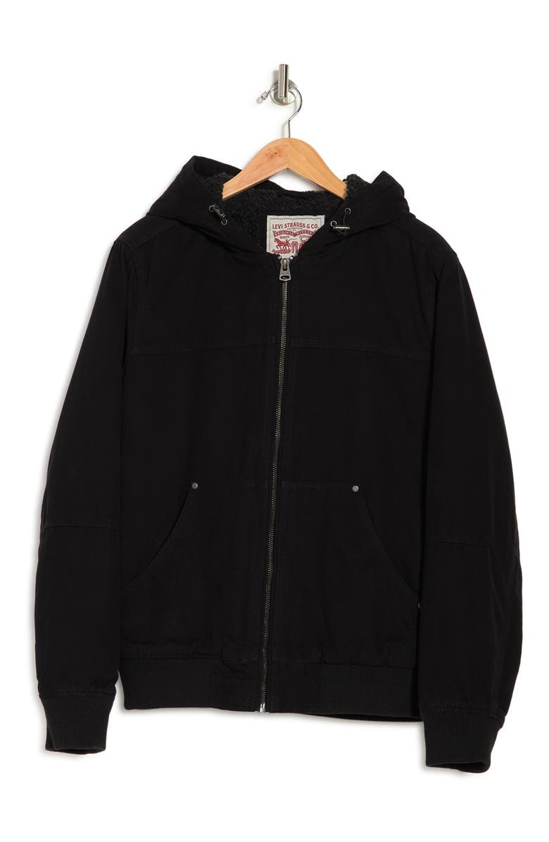 Levi's<sup>®</sup> Workwear Cotton Canvas Faux Shearling Lined Hoodie Bomber Jacket, Alternate, color, Black