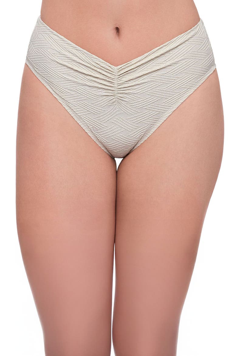 Smoothing and Sculpting Basket Weave Cinch Front High Cut Bikini Swimsuit Bottoms, Main, color, Bone Basket Weave