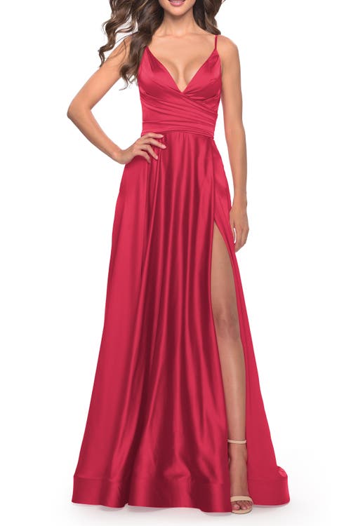 La Femme Long Satin Dress With Side Slit And V Shaped Back In Red