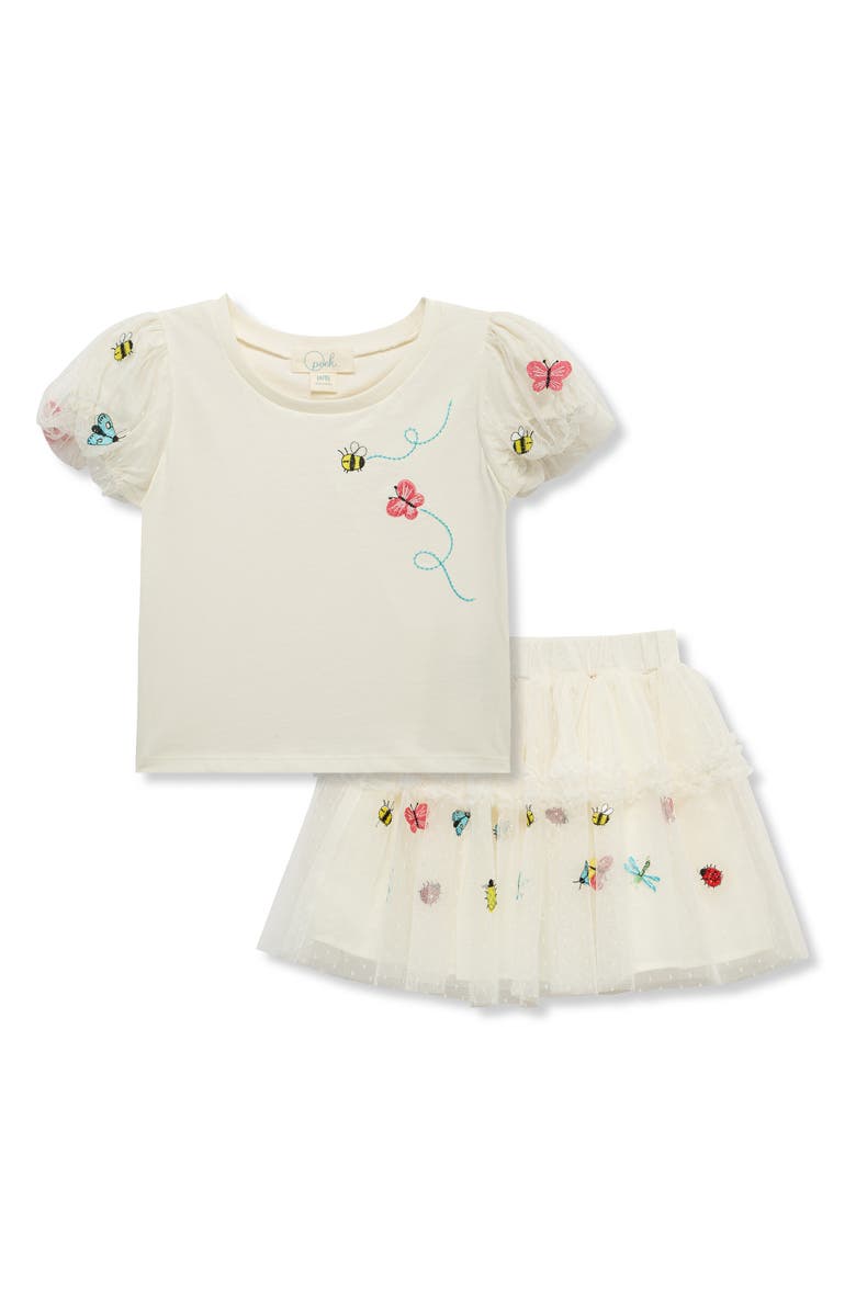 Peek Aren't You Curious Kids' Bug Embroidered Puff Sleeve Top & Tulle Skirt Set, Main, color, 