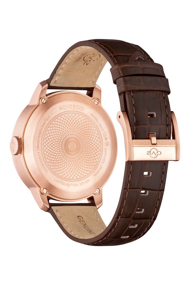 Rovescio Croc Embossed Leather Strap Watch, 42mm, Alternate, color, BROWN