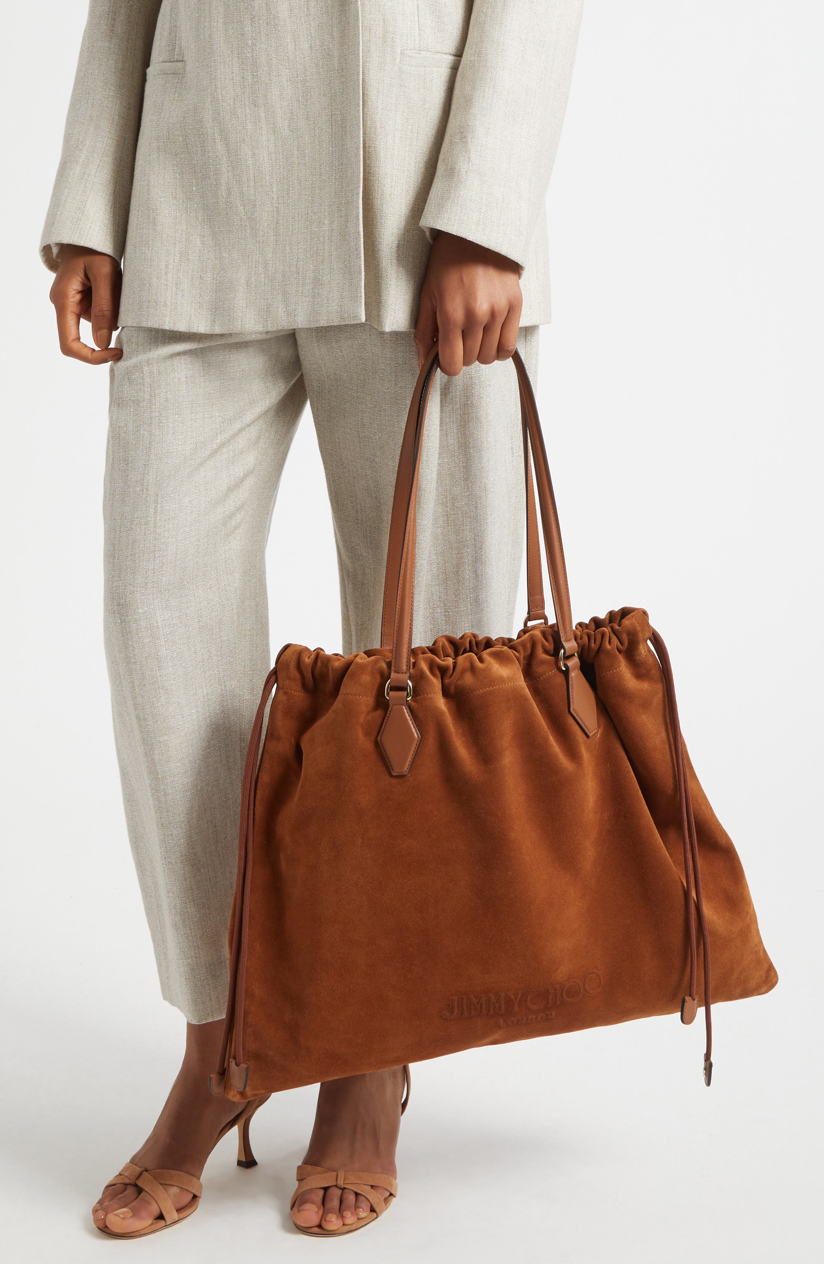 Jimmy Choo Large Drawstring Leather Tote, Alternate, color, Tan/ Light Gold