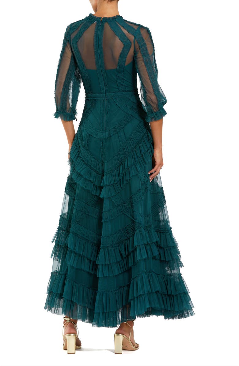 Mac Duggal 3/4 Puff Sleeve Mesh Mirco Ruffle Gown, Alternate, color, Teal