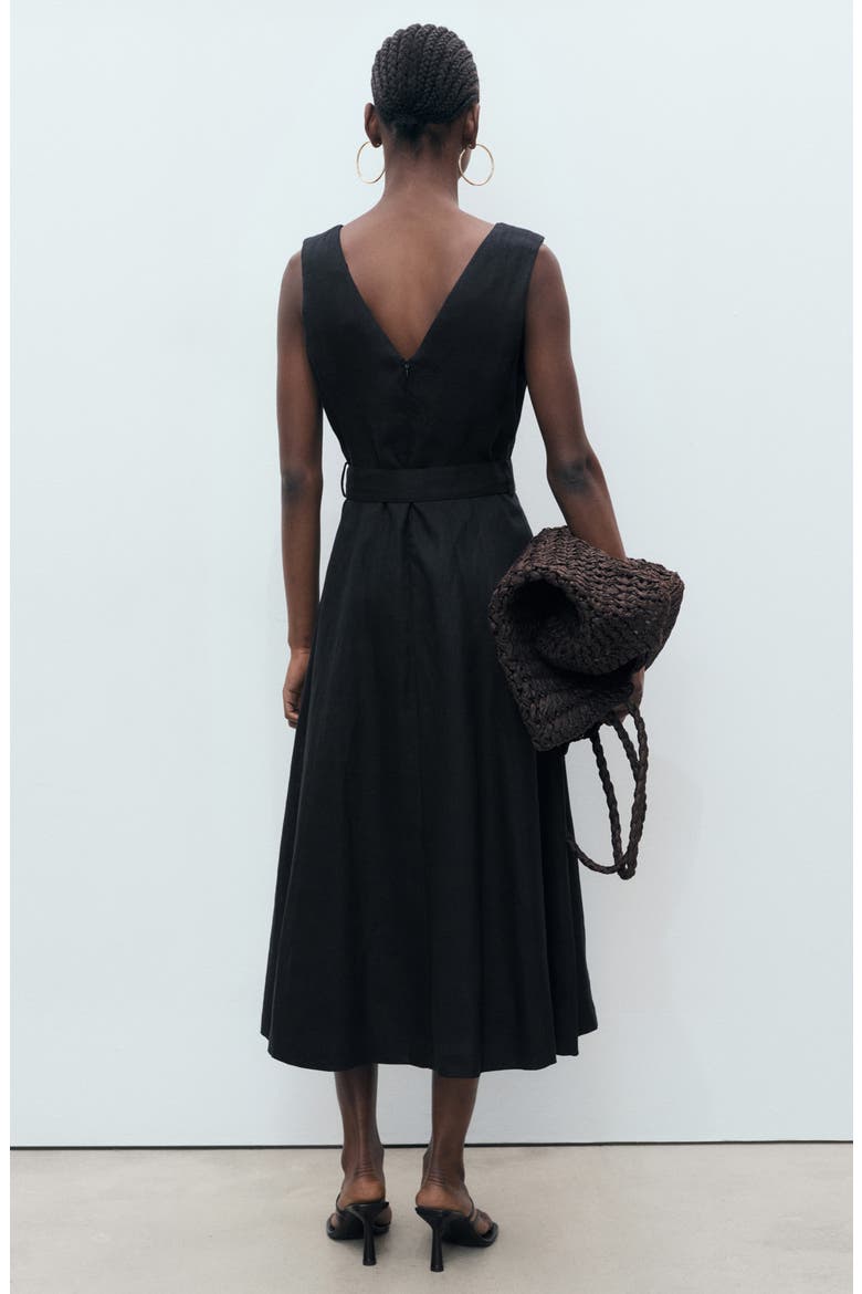 Belted Linen Dress, Alternate, color, BLACK