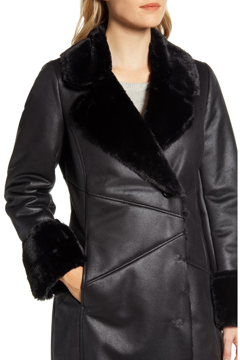 Faux Leather Coat with Faux Shearling Trim, Alternate, color, BLACK