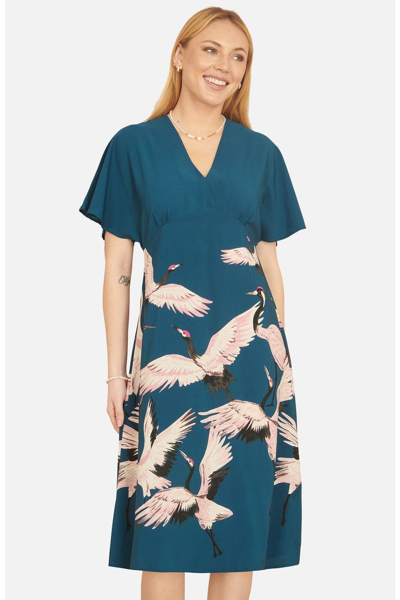 Crane Print Midi Dress, Main, color, Teal