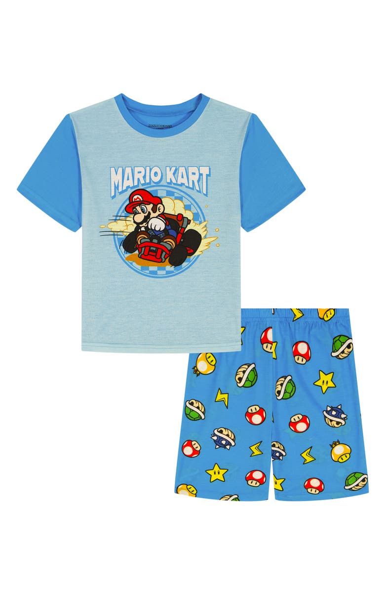 AME Kids' Super Mario Print Fitted Two-Piece Short Pajamas, Main, color, Blue