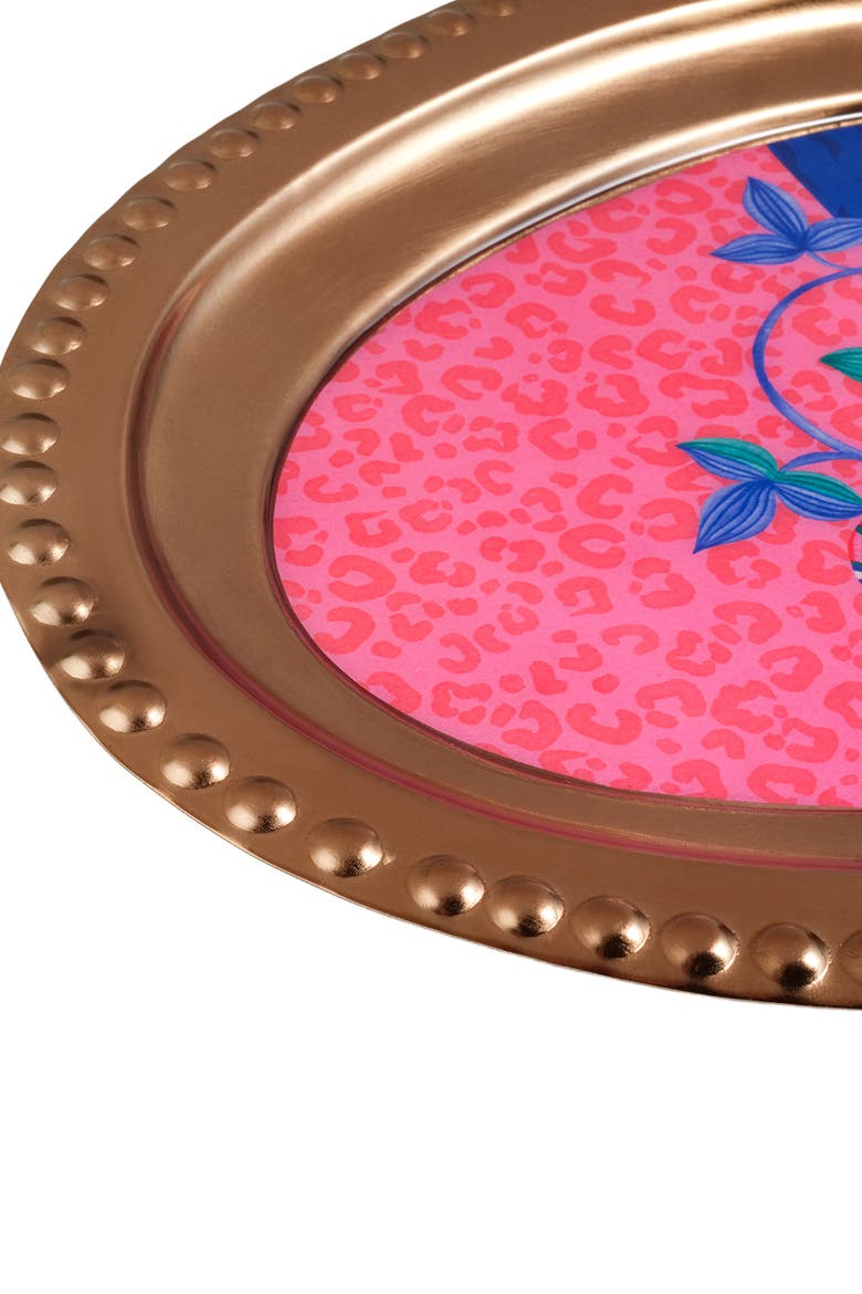 Nanpur Patterned Oval Metal Decorative Tray 12X8 In, Alternate, color, Pink
