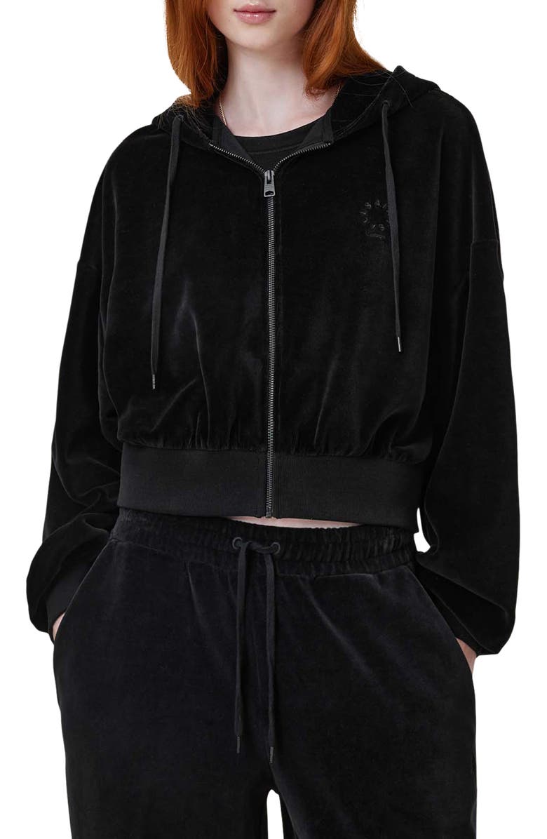 AllSaints Vinny Front Zip Velvet Hoodie, Main, color,