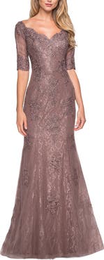 La Femme Floor Length Lace Dress with Rhinestone Accents