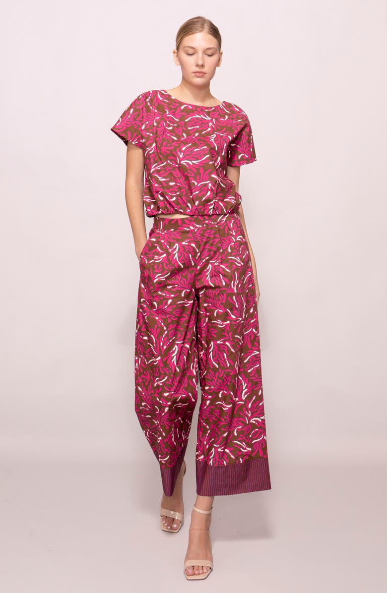 MELLODAY Poplin Banded Hem Top, Alternate, color, Brown Magenta Reef