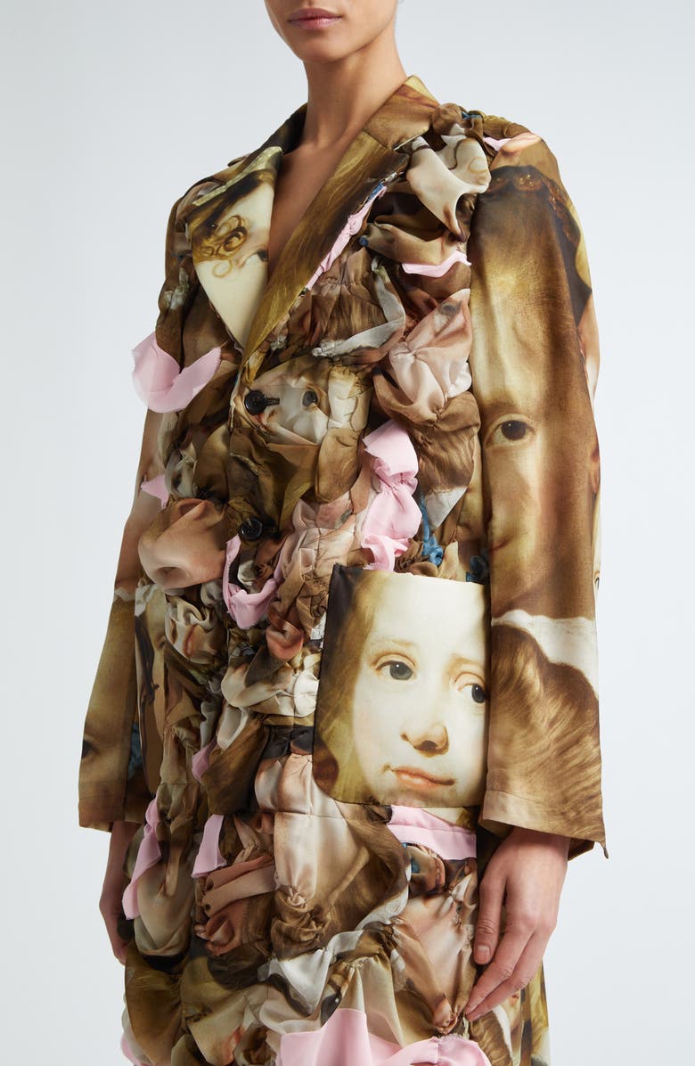 Comme des Garçons Face Print Wool Overcoat, Alternate, color, Beige X Pink