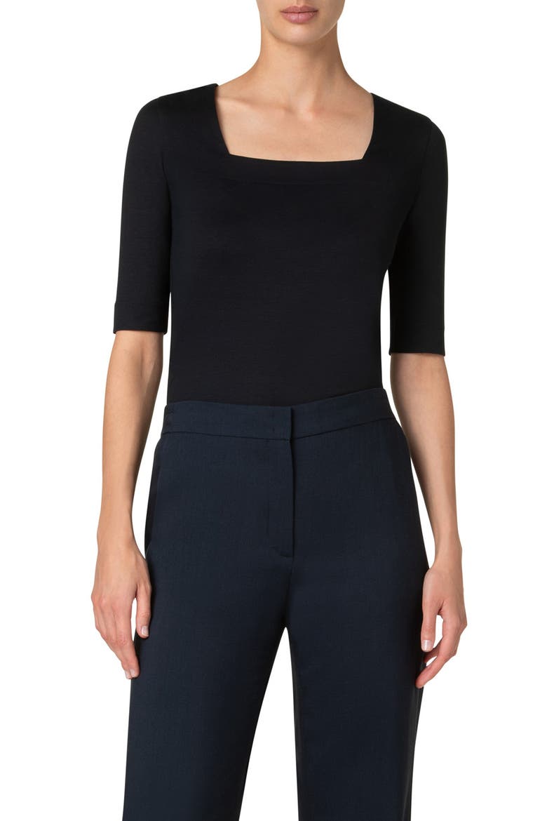 Square Neck Stretch Cotton Top, Main, color, NAVY